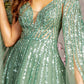 Bead Sequin Mesh A-line Long Dress w/ Side Cape Long Sleeves
