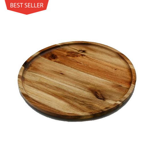[ Set of 3 ] Zavis Green Acacia Wood Round Stackable Plate / Platter 12" | Dishwasher Safe
