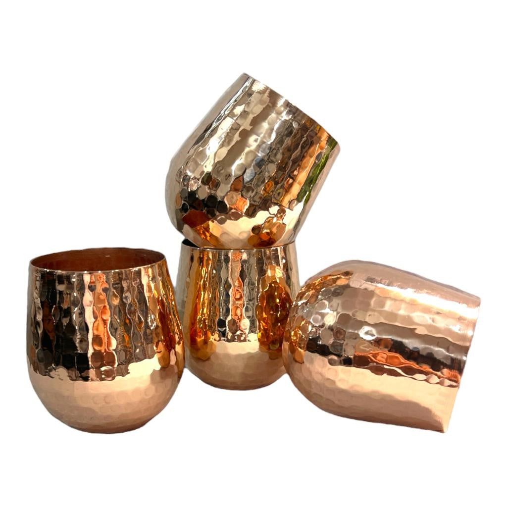 Set of One Copper Pitcher with Top and Four Tumblers, Hammered and Shiny Finish