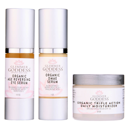 Organic Anti-Wrinkle Trio – DMAE Firming Serum, Eye Serum & Daily Moisturizer for Collagen Boost