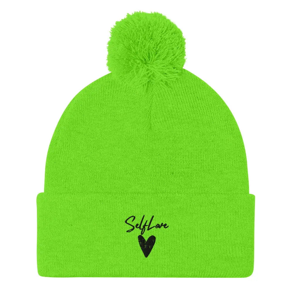 Self Love Pom-Pom Beanie - Women's Beanie with Embroidery