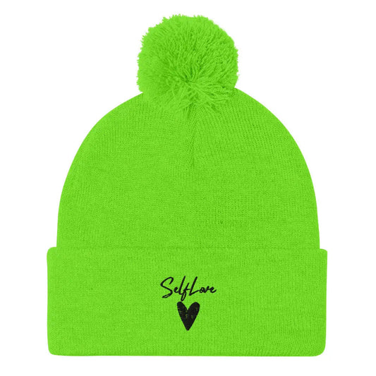 Self Love Pom-Pom Beanie - Women's Beanie with Embroidery