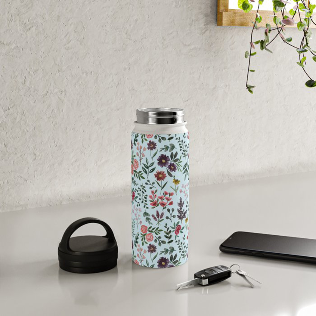 Bright Watercolor Flower - Blue - Handle Lid Water Bottle