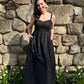Strappy Gathered Midi Dress in Black