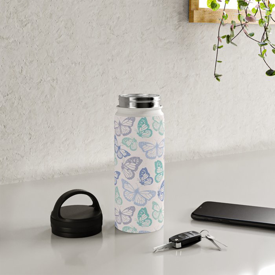 Purple & Green Butterfly Handle Lid Water Bottle